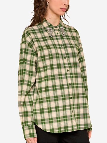 ESSENTIEL ANTWERP Camicia in flanella a quadri verdi e beige con colletto impreziosito da strass Verde