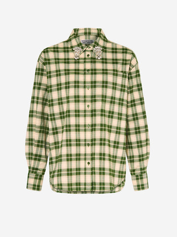 ESSENTIEL ANTWERP Camicia in flanella a quadri verdi e beige con colletto impreziosito da strass Verde