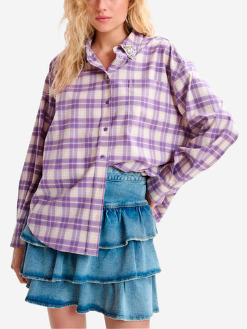 ESSENTIEL ANTWERP Camicia in flanella a quadri viola e beige con colletto impreziosito da strass Viola