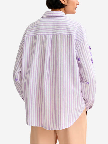 ESSENTIEL ANTWERP Camicia in cotone a righe viola e avorio con decorazioni floreali di paillettes e perline Bianca lilla