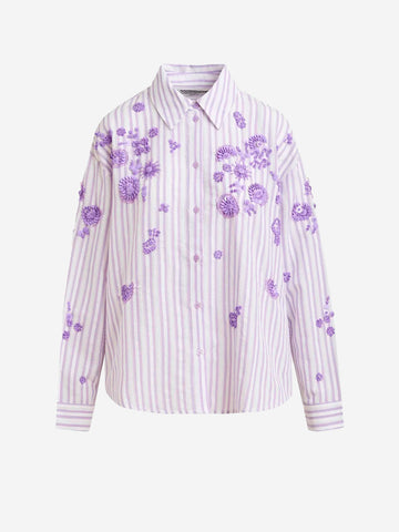 ESSENTIEL ANTWERP Camicia in cotone a righe viola e avorio con decorazioni floreali di paillettes e perline Bianca lilla