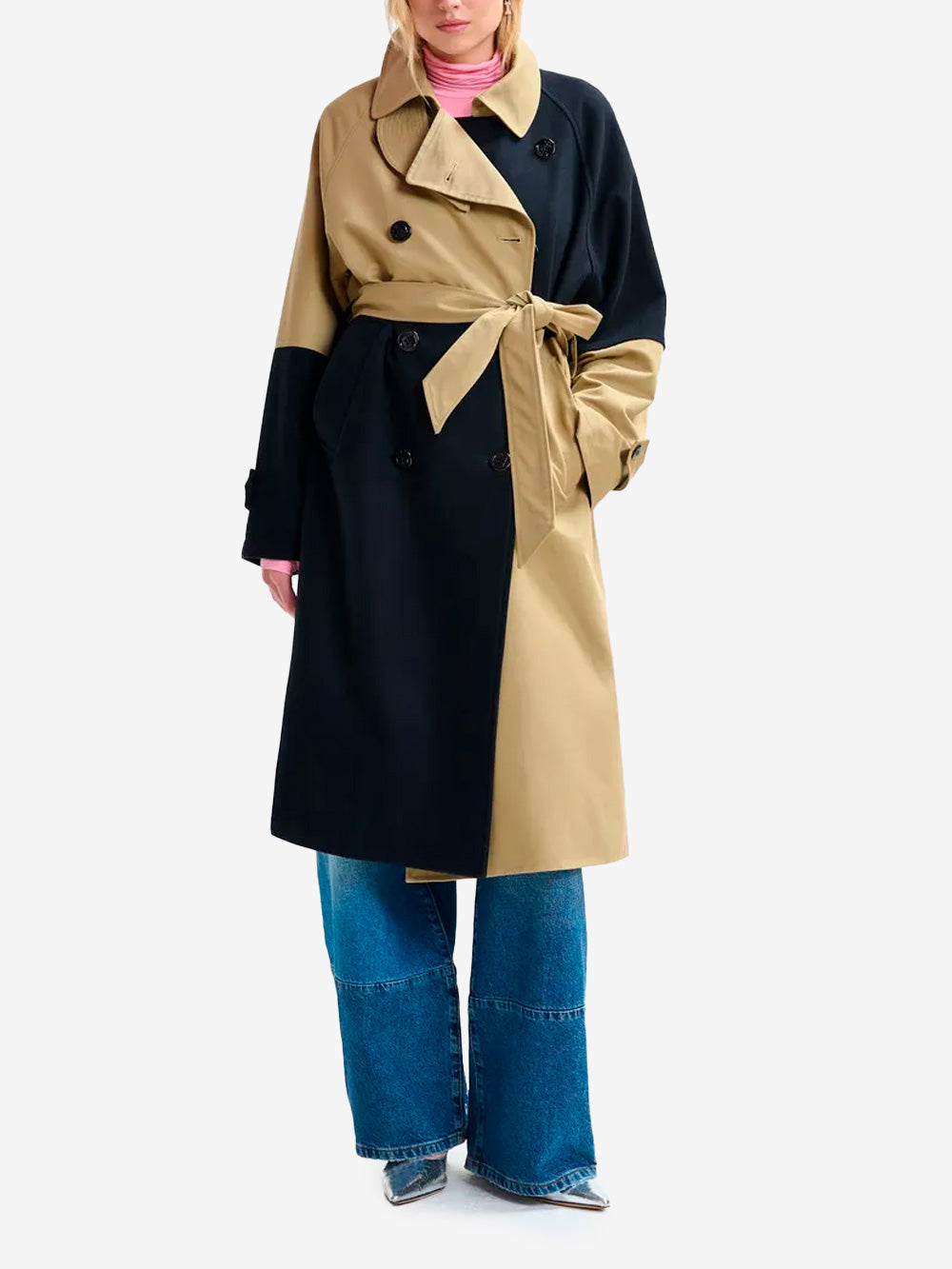 ESSENTIEL ANTWERP Trench doppiopetto in color block beige e blu navy Beige blu Urbanstaroma