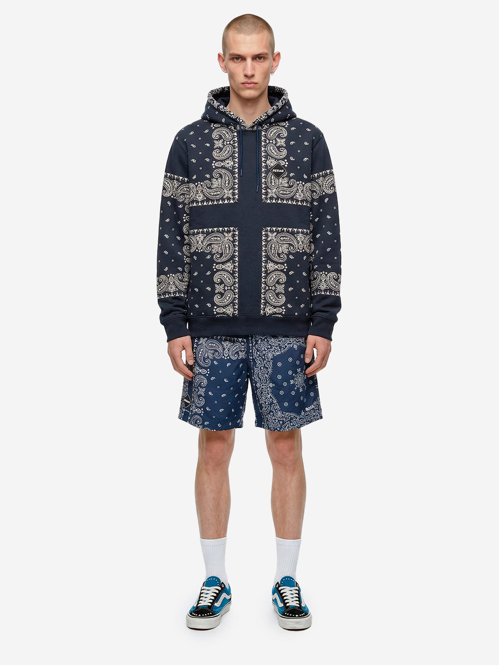 F.C. REAL BRISTOL Shorts blu in nylon con stampa bandana Navy Urbanstaroma