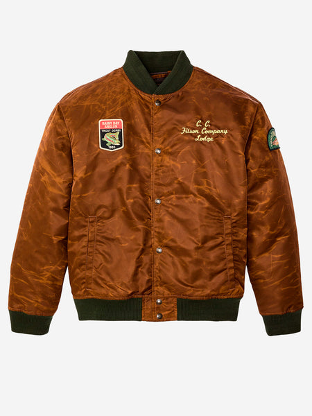 FILSON Brown 'Montlake' varsity jacket in waxed nylon with