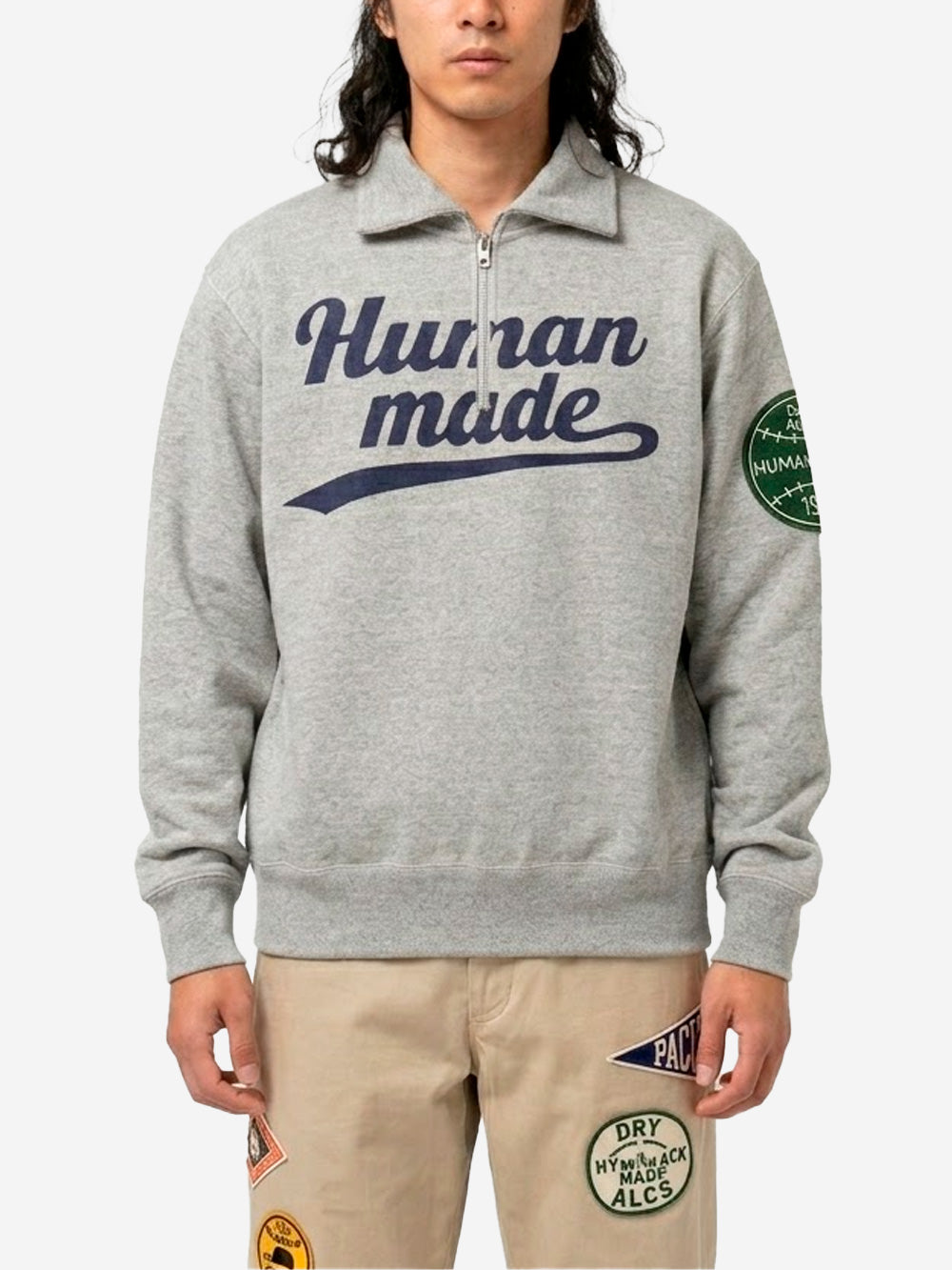 HUMAN MADE Felpa grigia con mezza zip e patch sulla manica Grigio Urbanstaroma