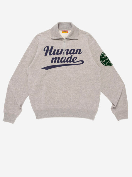 HUMAN MADE Gray sweatshirt with half zipper and sleeve patch