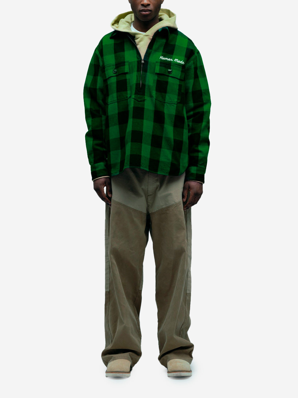 HUMAN MADE Camicia a quadri verdi Half-Zip con toppe sui gomiti Verde Urbanstaroma