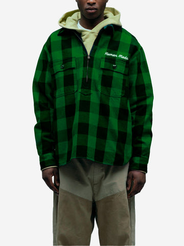HUMAN MADE Camicia a quadri verdi Half-Zip con toppe sui gomiti Verde