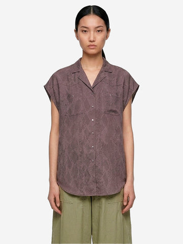 Blusa stile cowboy con maniche francesi e jacquard pitonato viola