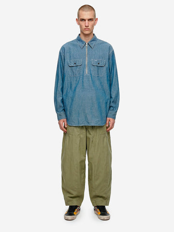 NEEDLES Camicia blu in misto lino Chambray a mezza zip Blu