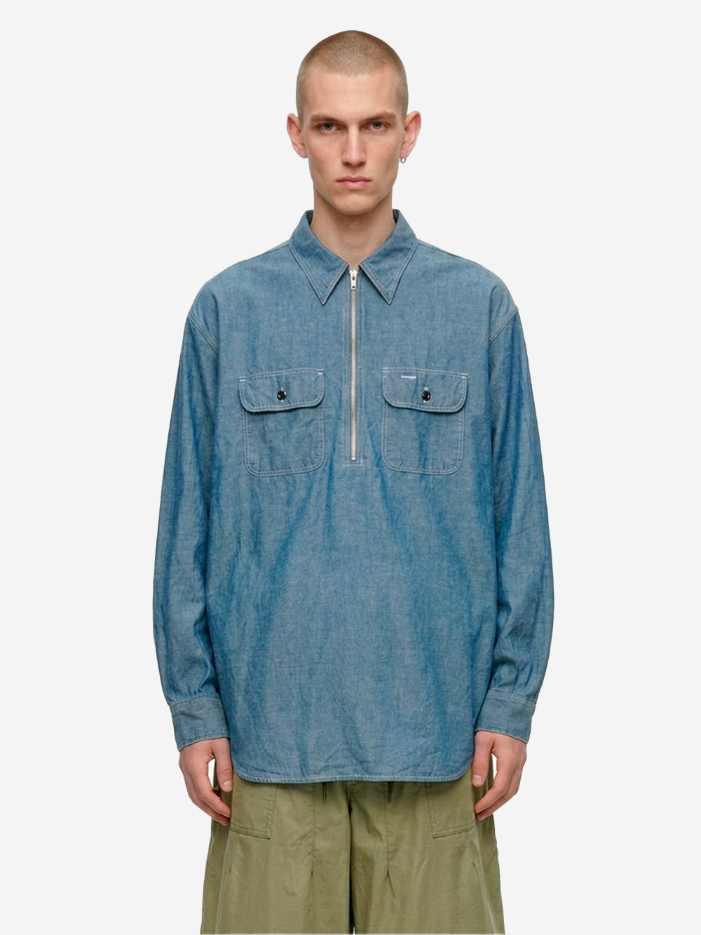 NEEDLES Camicia blu in misto lino Chambray a mezza zip Blu Urbanstaroma