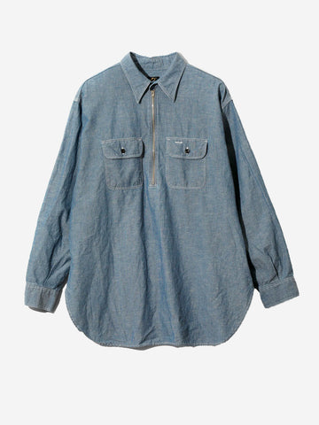 NEEDLES Camicia blu in misto lino Chambray a mezza zip Blu