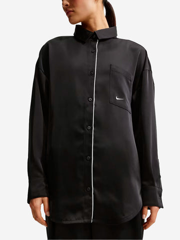 NIKE Camicia oversize satinata nera con piping Nero