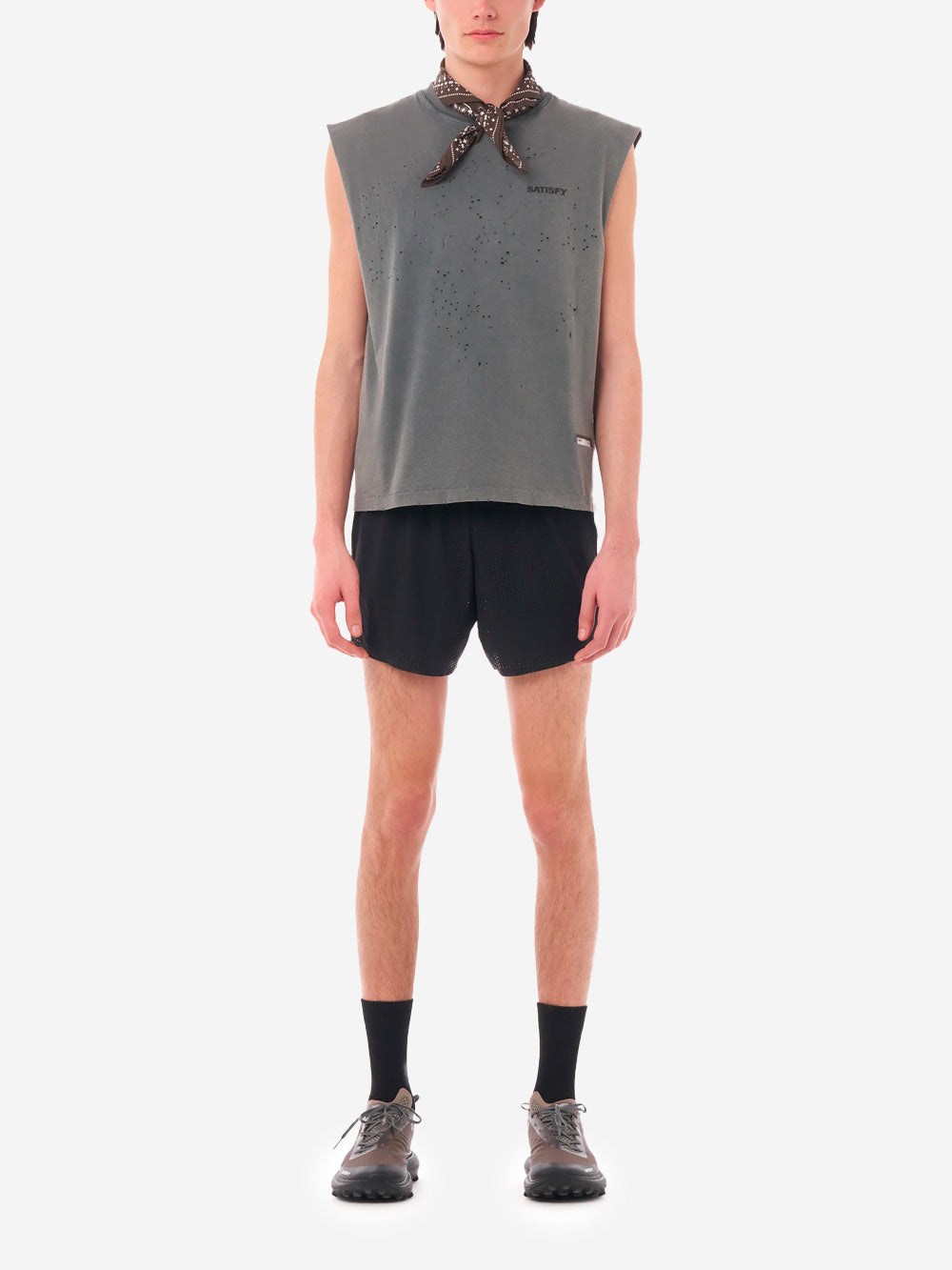 SATISFY MothTech Muscle Tee Canotta da Running in Cotone Organico nero slavato con fori Nero Urbanstaroma
