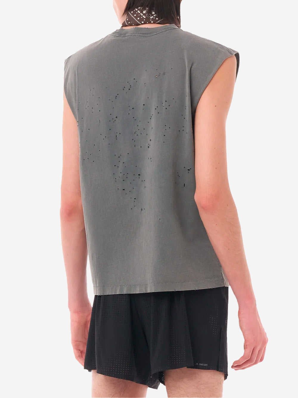 SATISFY MothTech Muscle Tee Canotta da Running in Cotone Organico nero slavato con fori Nero Urbanstaroma