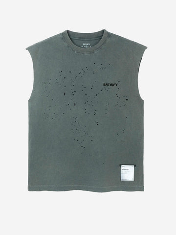 SATISFY MothTech Muscle Tee Canotta da Running in Cotone Organico nero slavato con fori Nero