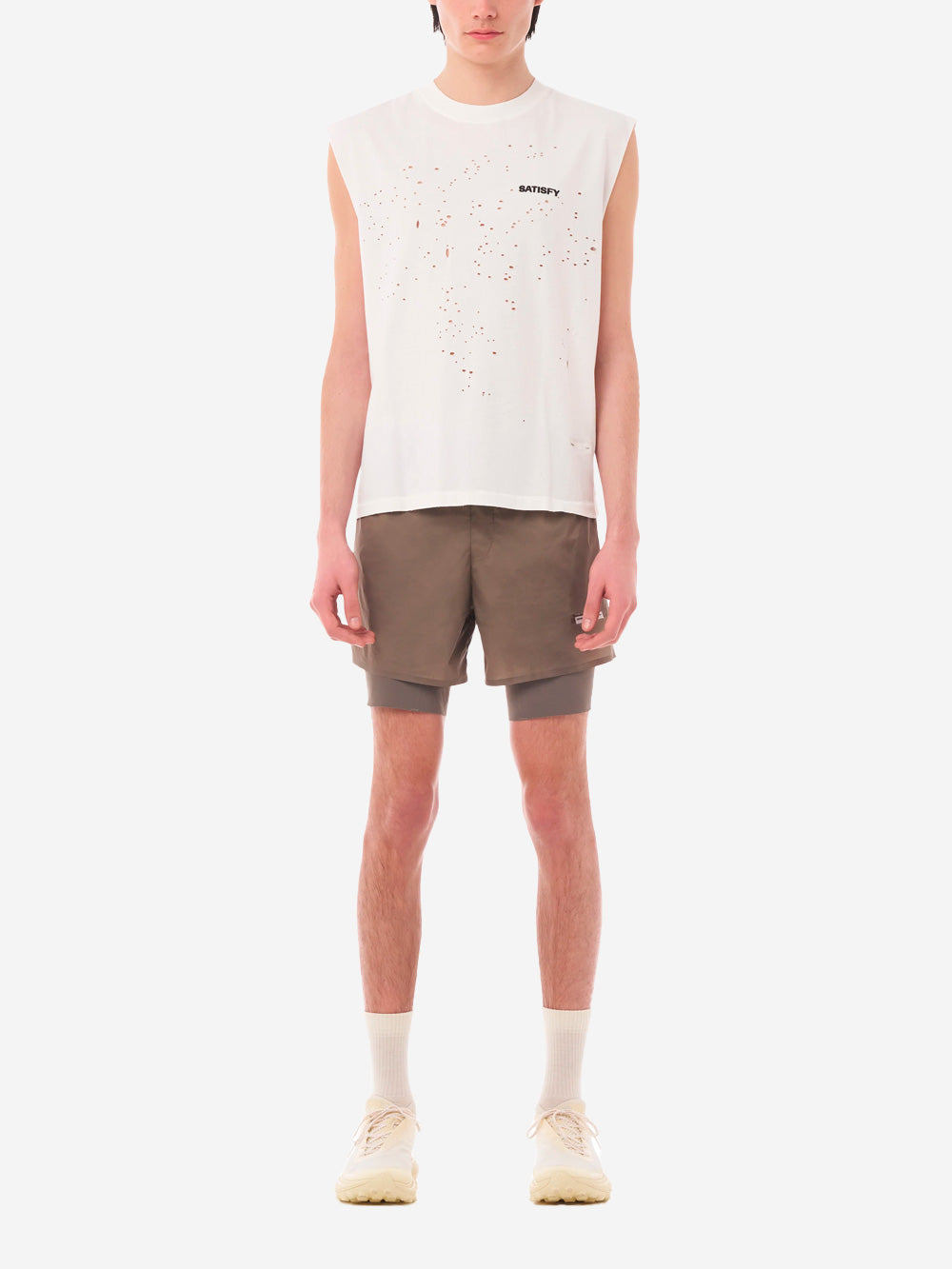 SATISFY MothTech Muscle Tee Canotta da Running in Cotone Organico ecru con fori Ecru Urbanstaroma