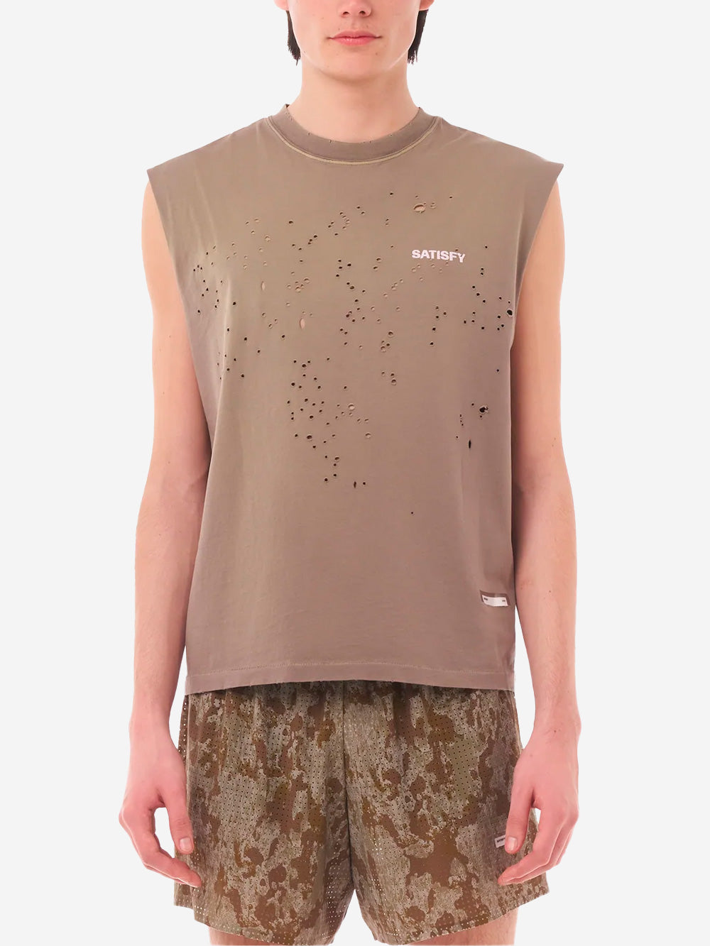 SATISFY MothTech Muscle Tee Canotta da Running in Cotone Organico marrone con fori Marrone Urbanstaroma