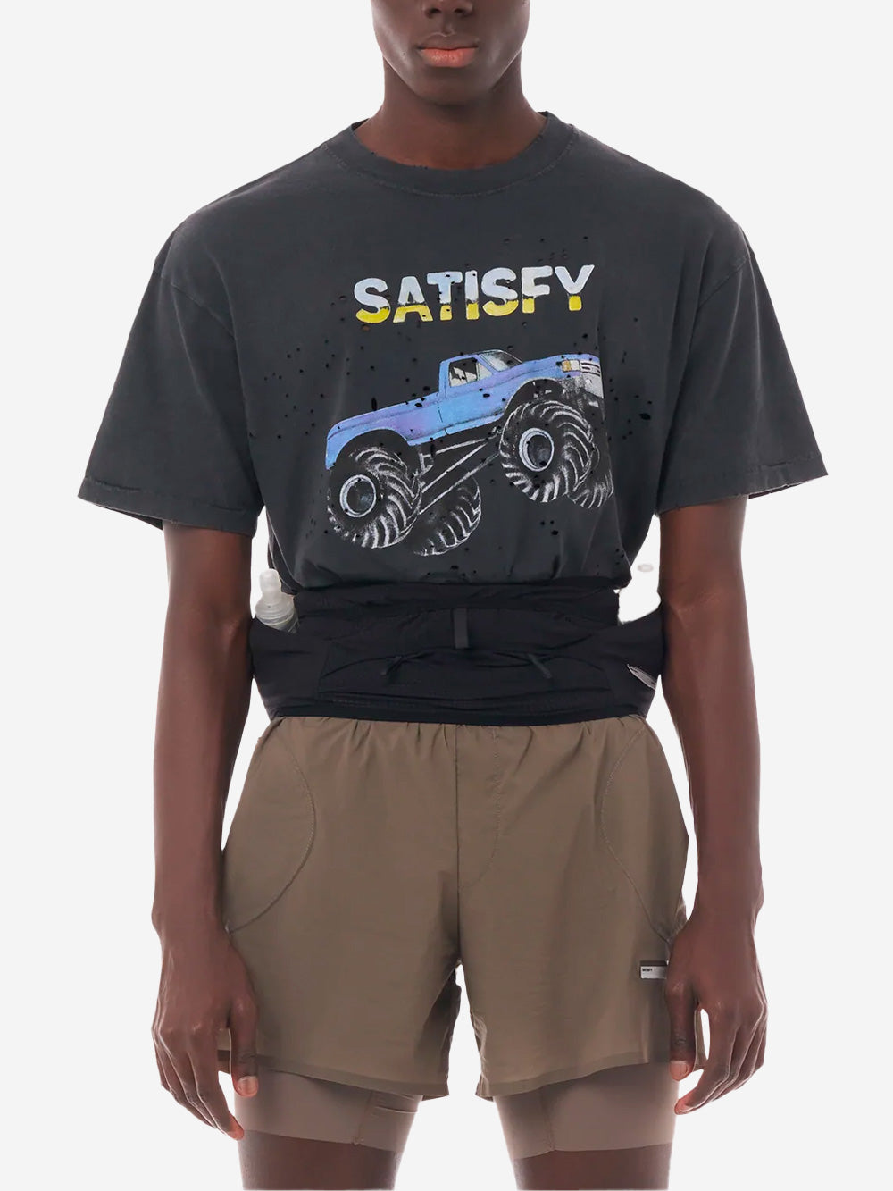 SATISFY T-Shirt da running nera MothTech in cotone con fori di ventilazione al laser e stampa Nero Urbanstaroma