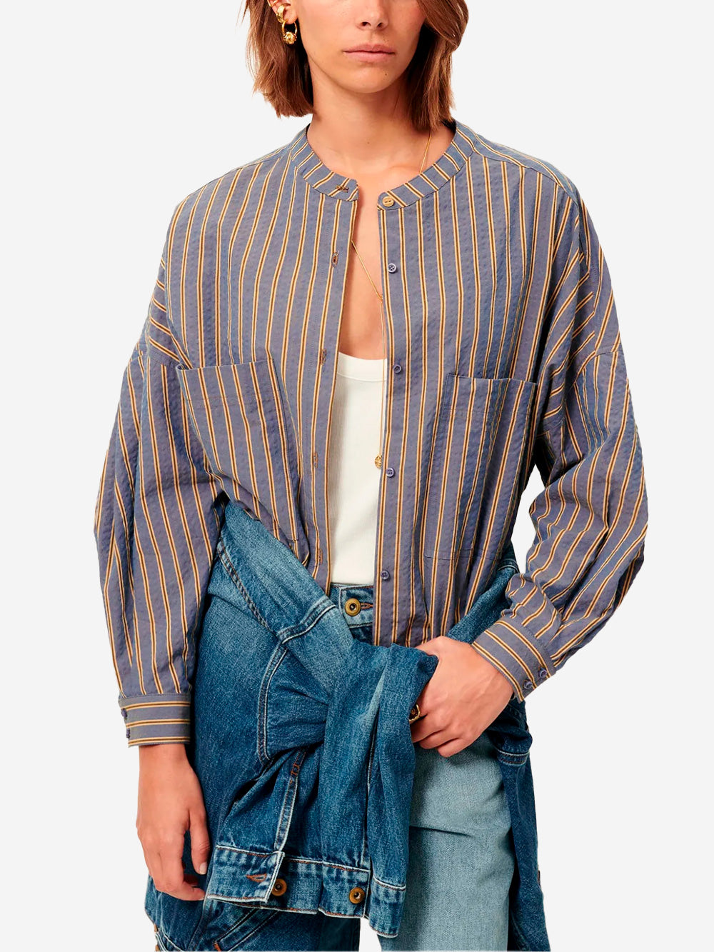 SESSUN Camicia girocollo a righe con tasche applicate Blu giallo Urbanstaroma