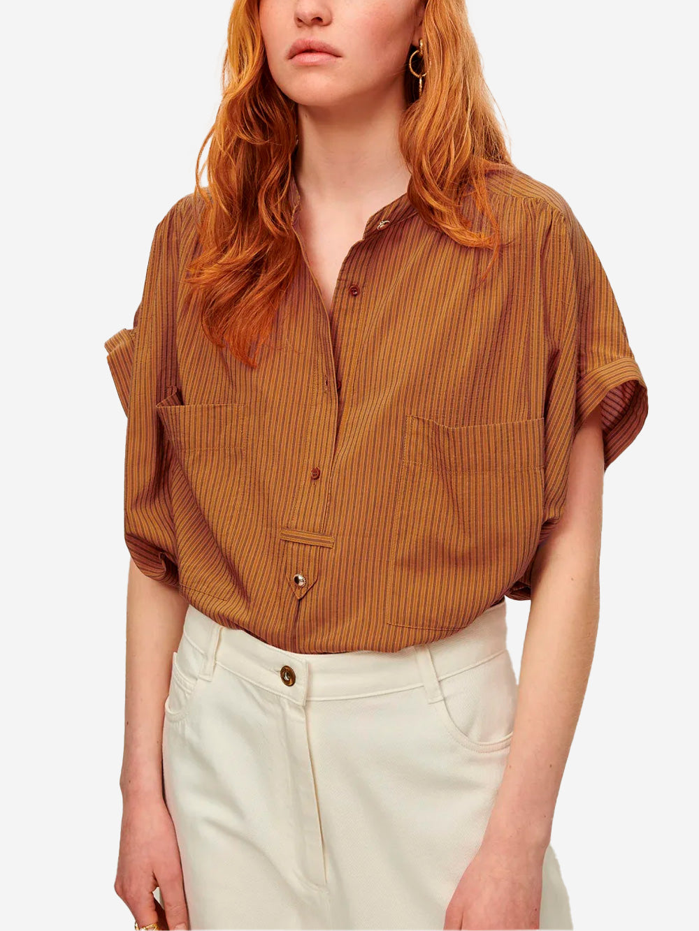 SESSUN Camicia Senza Maniche in Voile Jacquard a Righe Cammello Urbanstaroma