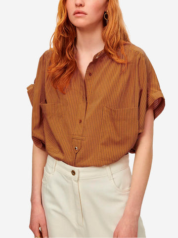 SESSUN Camicia Senza Maniche in Voile Jacquard a Righe Cammello