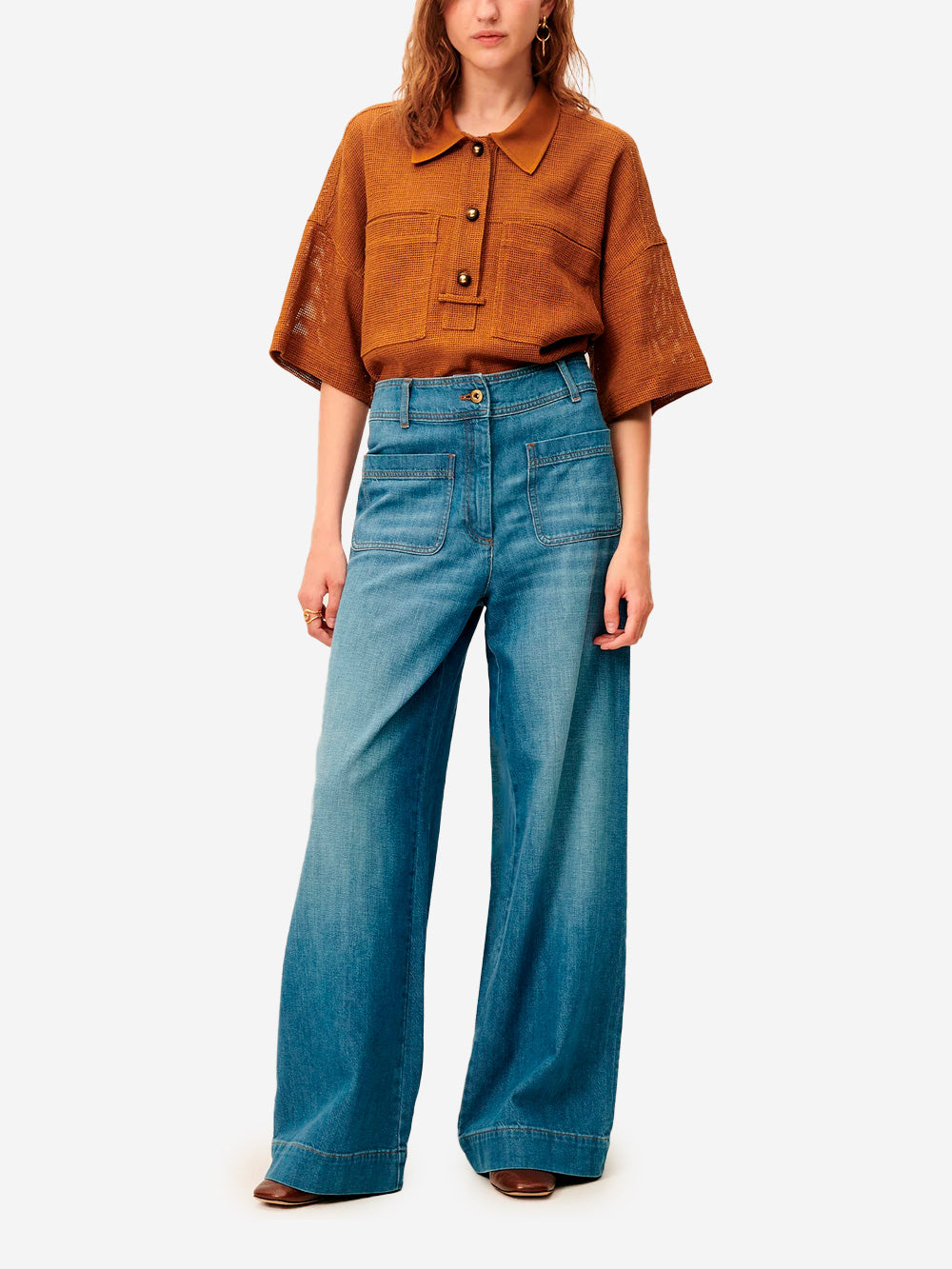 SESSUN Polo a maniche corte marrone in misto lino con tasche applicate Cammello Urbanstaroma