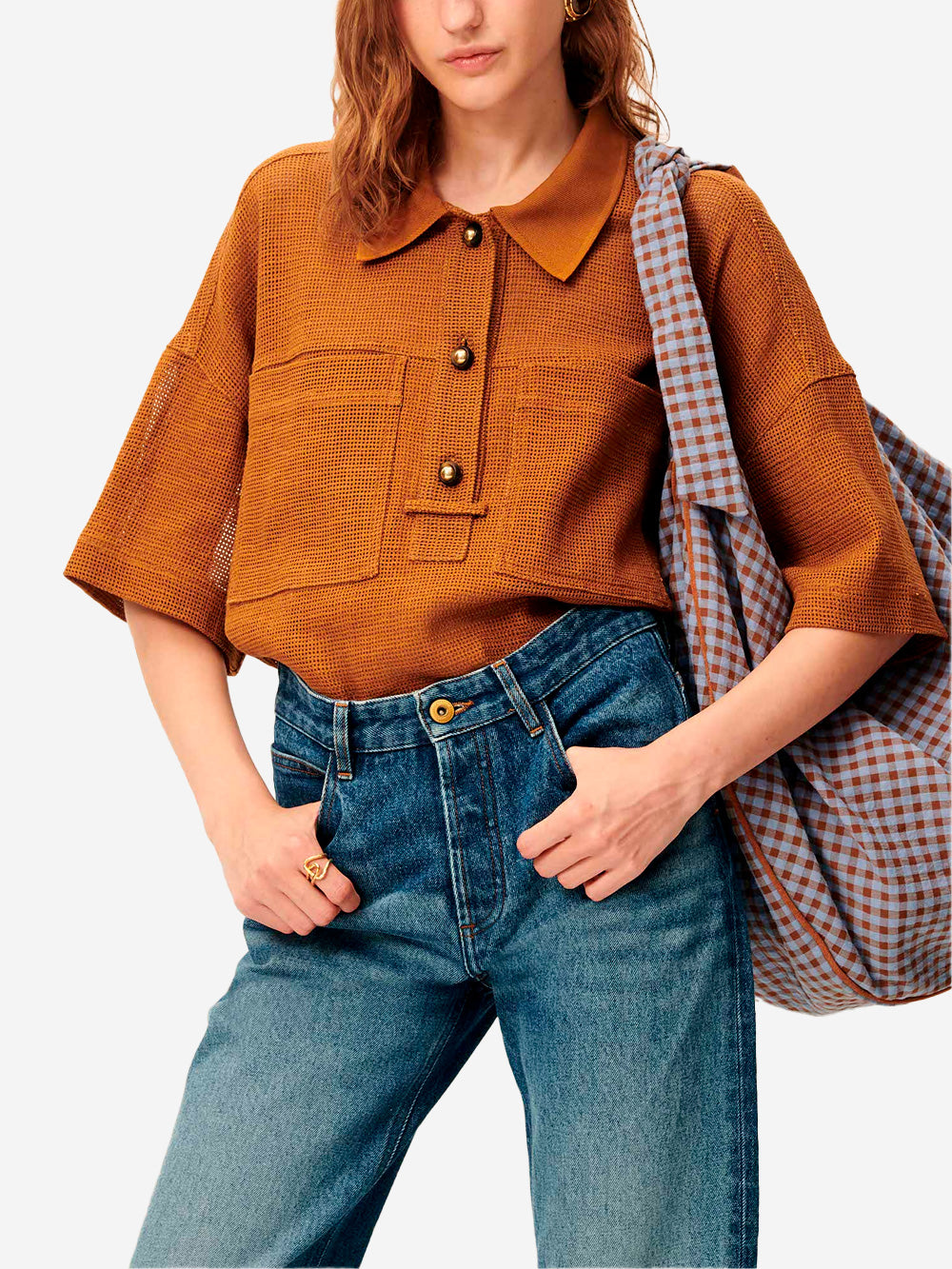 SESSUN Polo a maniche corte marrone in misto lino con tasche applicate Cammello Urbanstaroma