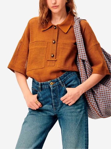 SESSUN Polo a maniche corte marrone in misto lino con tasche applicate Cammello