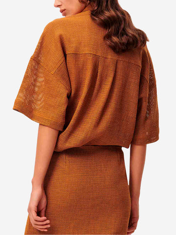 SESSUN Polo a maniche corte marrone in misto lino con tasche applicate Cammello