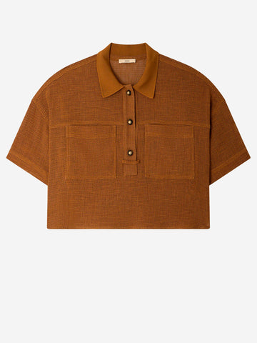 SESSUN Polo a maniche corte marrone in misto lino con tasche applicate Cammello