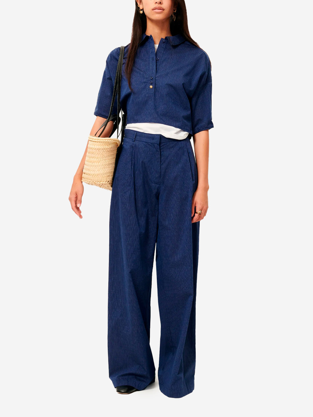 SESSUN Pantaloni ampi in popeline a righe blu Blu Urbanstaroma