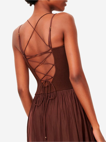 SESSUN Abito Lungo marrone con schiena Scoperta e arricciature in vita Marrone