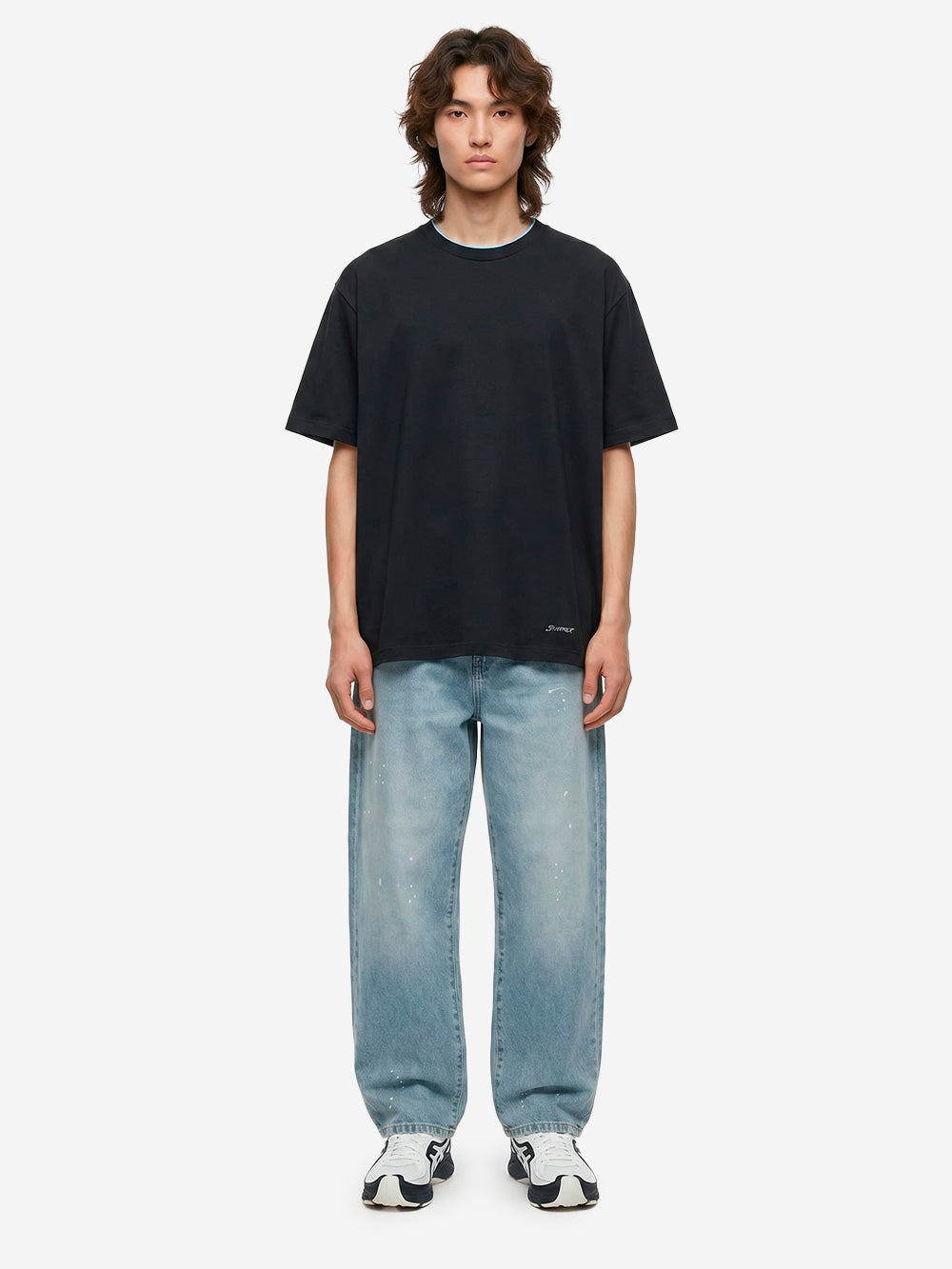 SOPHNET T-shirt nera in cotone Luster con colletto a costine e finiture cut-off Nera bianca Urbanstaroma