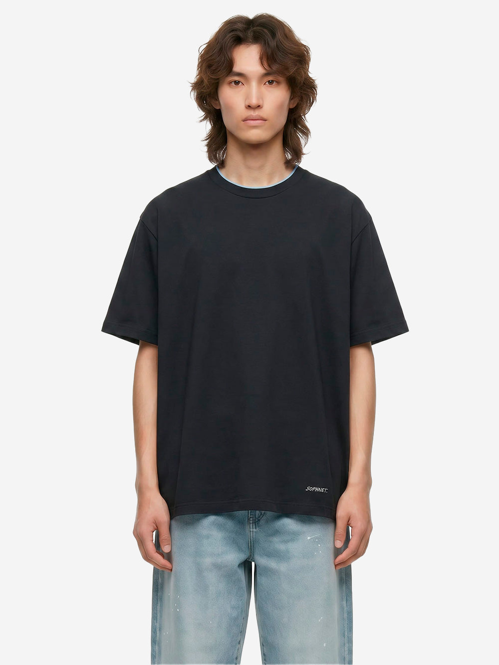 SOPHNET T-shirt nera in cotone Luster con colletto a costine e finiture cut-off Nera bianca Urbanstaroma