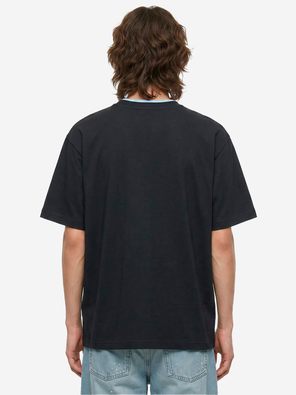 SOPHNET T-shirt nera in cotone Luster con colletto a costine e finiture cut-off Nera bianca Urbanstaroma
