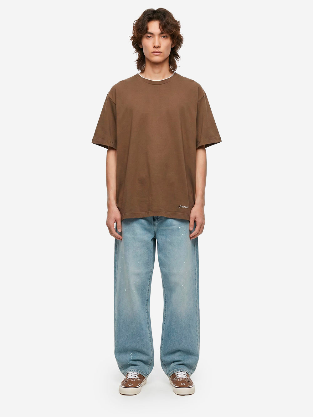 SOPHNET T-shirt marrone in cotone Luster con colletto a costine e finiture cut-off Marrone Urbanstaroma
