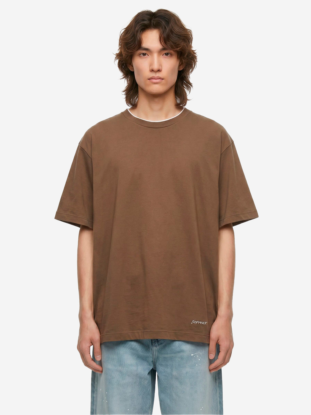 SOPHNET T-shirt marrone in cotone Luster con colletto a costine e finiture cut-off Marrone Urbanstaroma