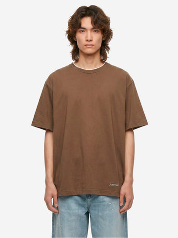 SOPHNET T-shirt marrone in cotone Luster con colletto a costine e finiture cut-off Marrone