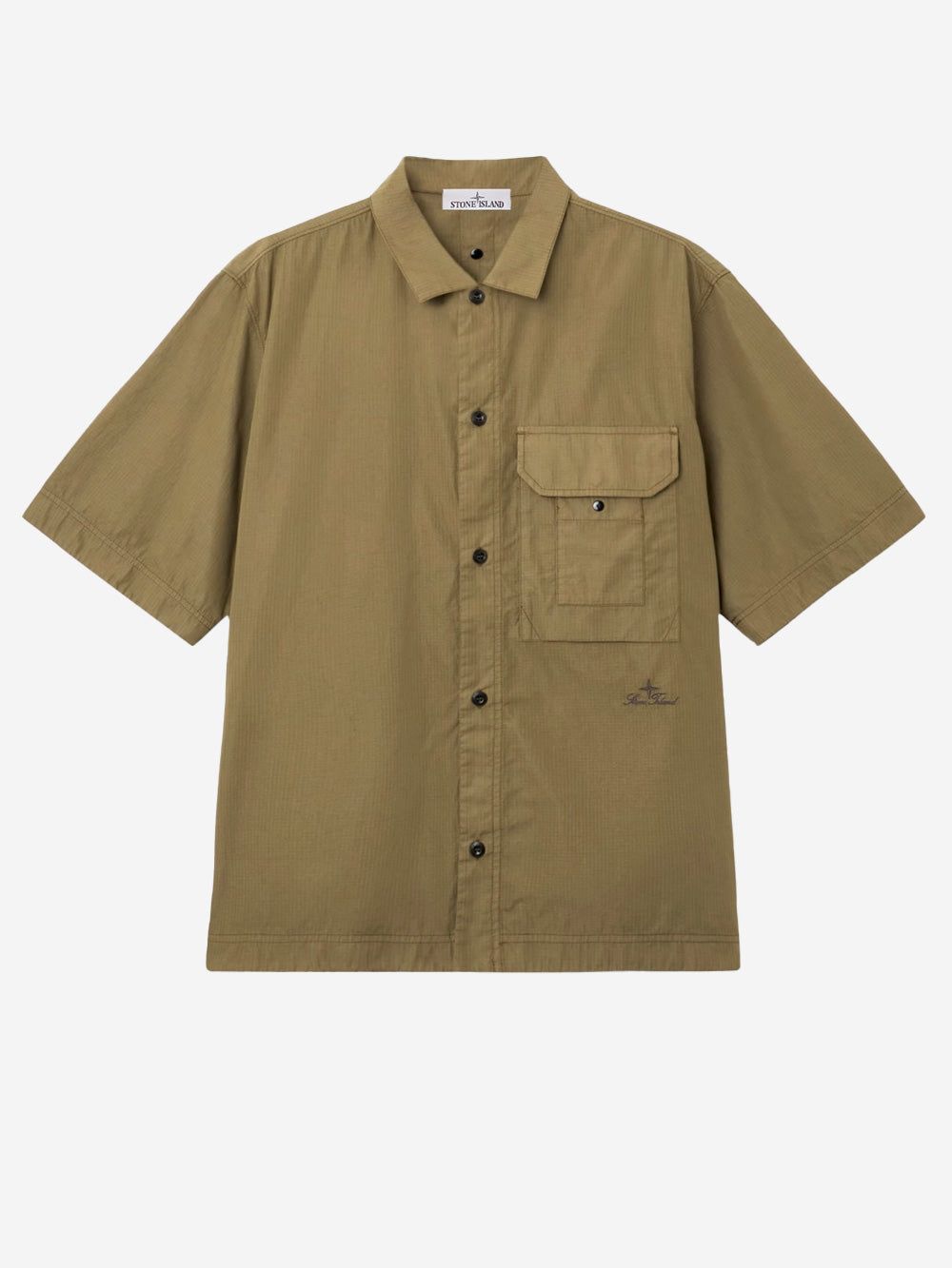 STONE ISLAND Camicia a manica corta verde in micro ripstop con tasca sul petto Verde Urbanstaroma