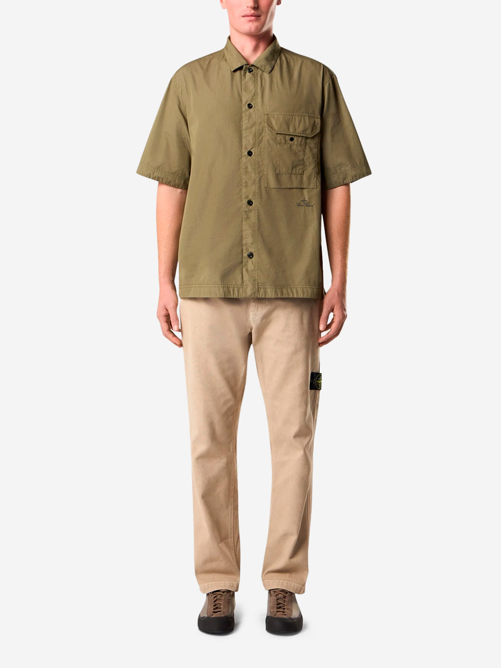 STONE ISLAND Camicia a manica corta verde in micro ripstop con tasca sul petto Verde Urbanstaroma