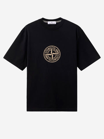 STONE ISLAND T-shirt nera in cotone con stampa 'All Around Compass' Nero