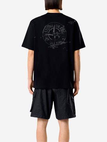 STONE ISLAND T-shirt a manica corta nera in jersey di cotone biologico con stampa 'Camo Compass' Nero