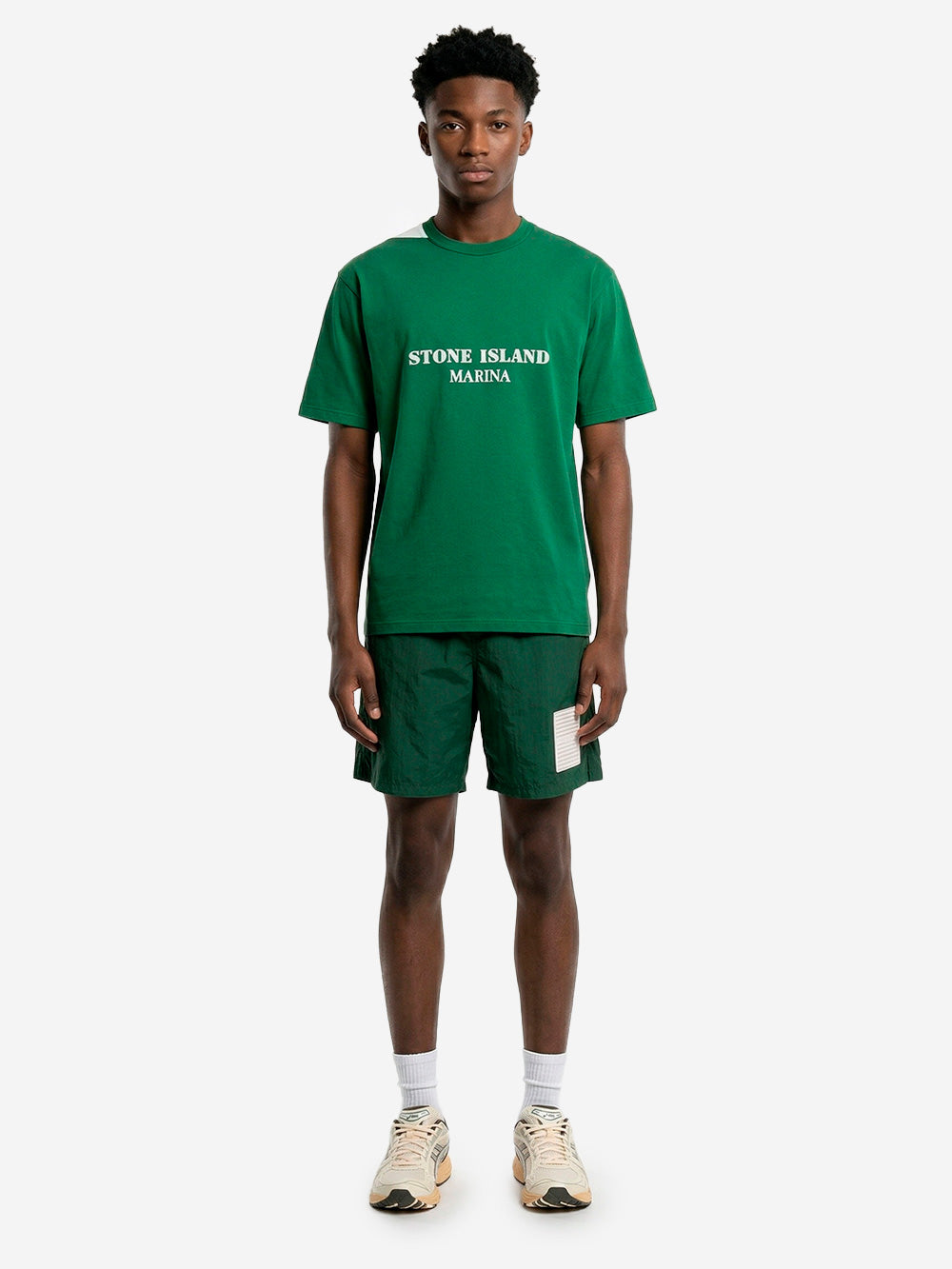 STONE ISLAND Green combed cotton oversized T-shirt with 'Marina