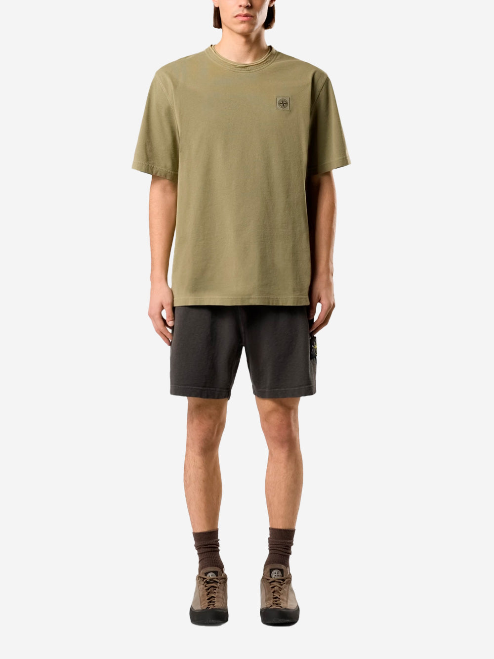 STONE ISLAND T-shirt verde in cotone pettinato 'Old effect' con patch Compass Verde Urbanstaroma