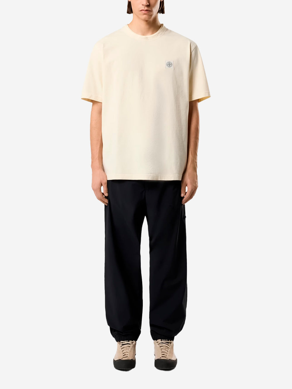 STONE ISLAND T-shirt avorio in cotone pettinato 'Old effect' con patch Compass Panna Urbanstaroma