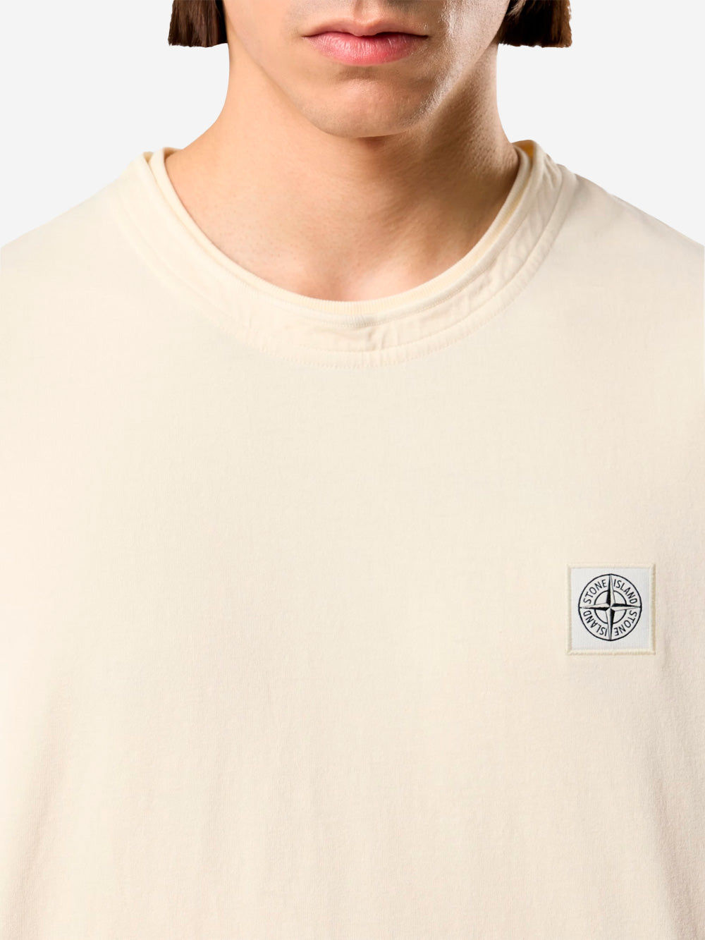 STONE ISLAND T-shirt avorio in cotone pettinato 'Old effect' con patch Compass Panna Urbanstaroma