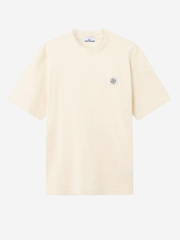STONE ISLAND T-shirt avorio in cotone pettinato 'Old effect' con patch Compass Panna