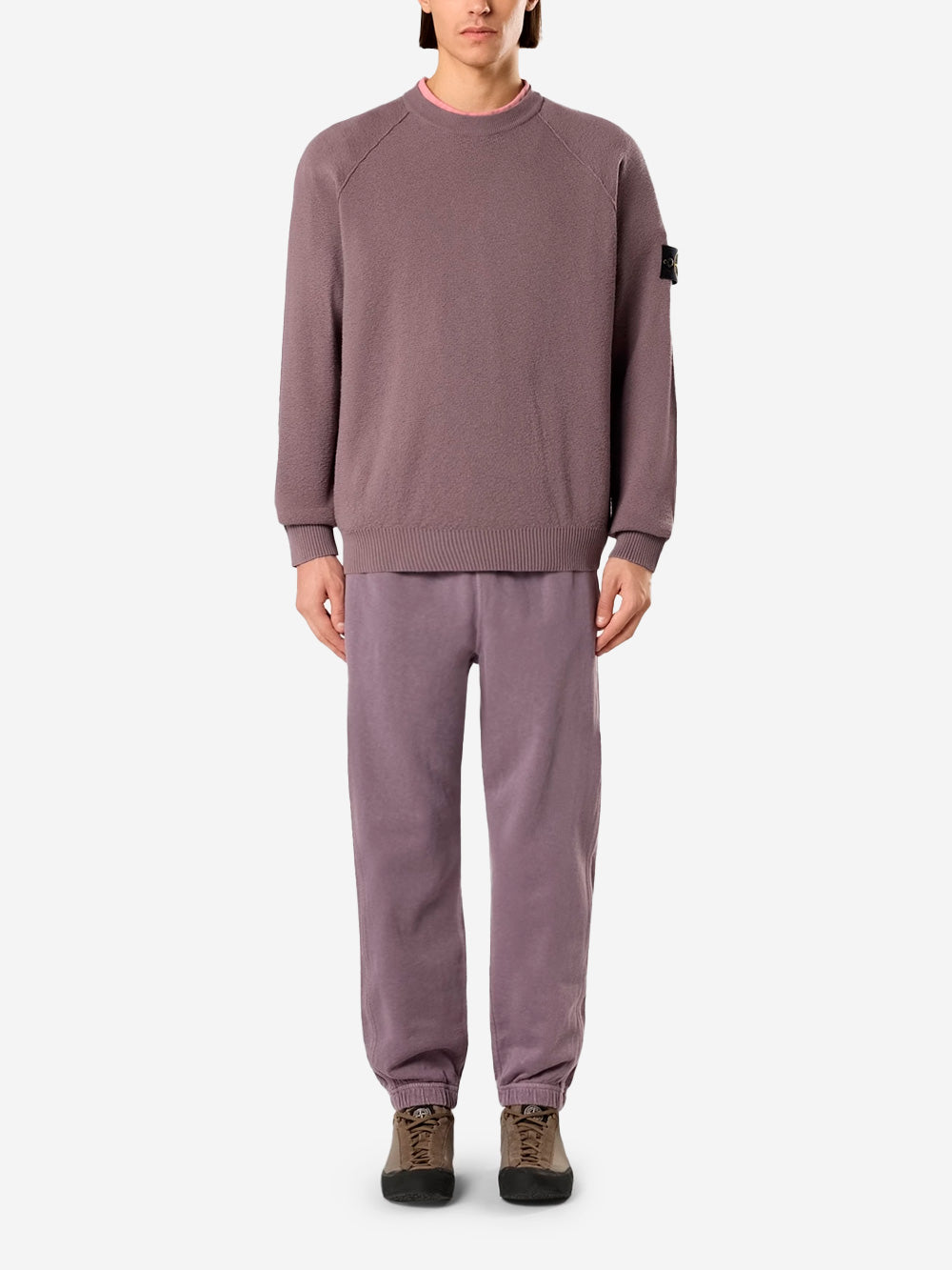 STONE ISLAND Maglione girocollo loose viola in cotone con maniche raglan e badge Lilla Urbanstaroma