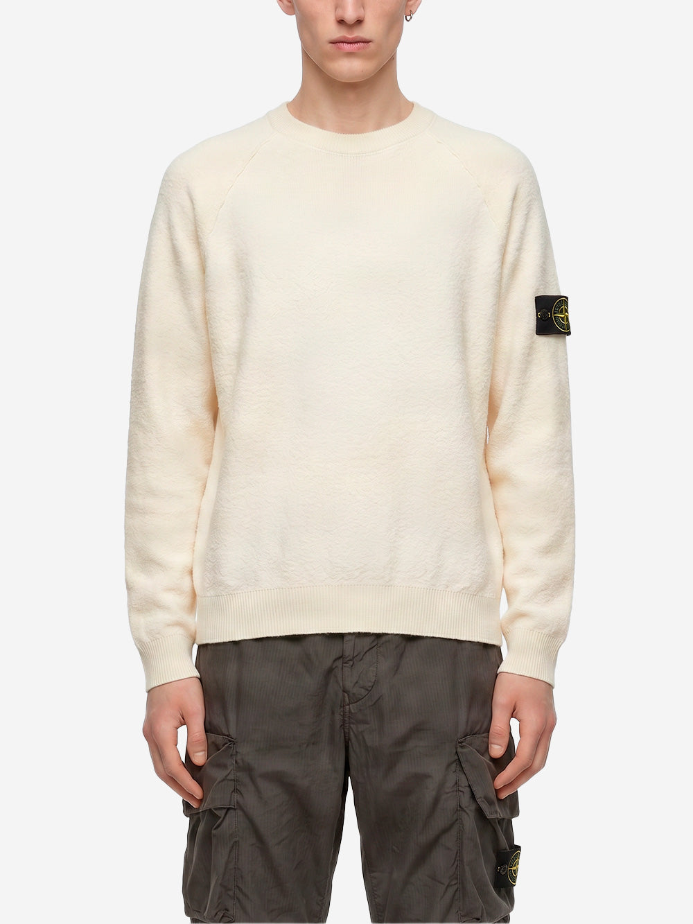 STONE ISLAND Maglione girocollo loose avorio in cotone con maniche raglan e badge Panna Urbanstaroma
